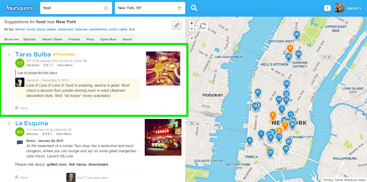 Native advertising on Foursquare 