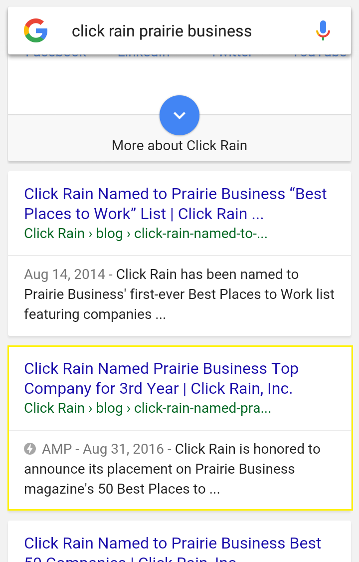 A sample screenshot of Google search results showing AMP results
