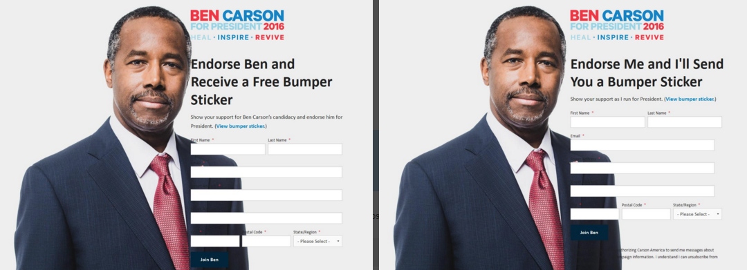 A/B test for Ben Carson campaign.