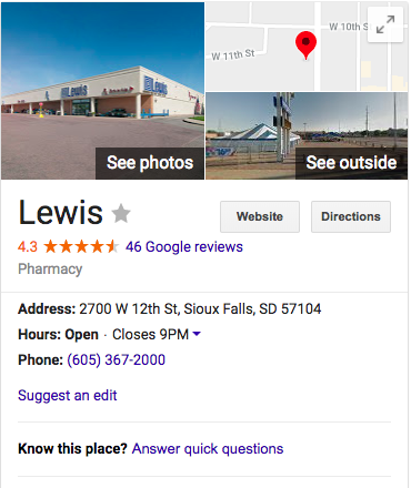 Google My Business listing for a Lewis Drug store.