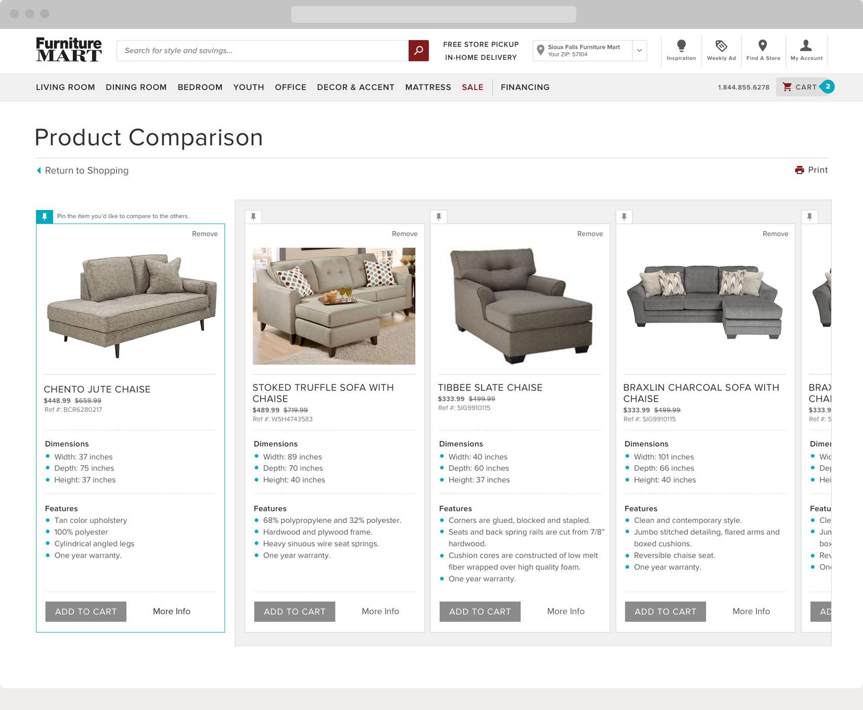 Furniture Mart Compare Products Page