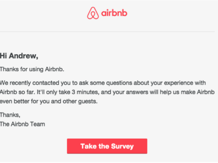 Sample email survey from Airbnb